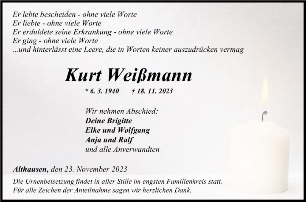  Traueranzeige für Kurt Weißmann vom 23.11.2023 aus Fränkische Nachrichten