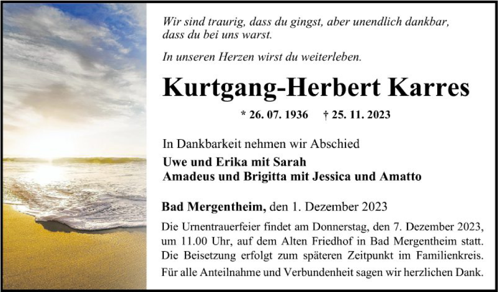  Traueranzeige für Kurtgang-Herbert Karres vom 01.12.2023 aus Fränkische Nachrichten