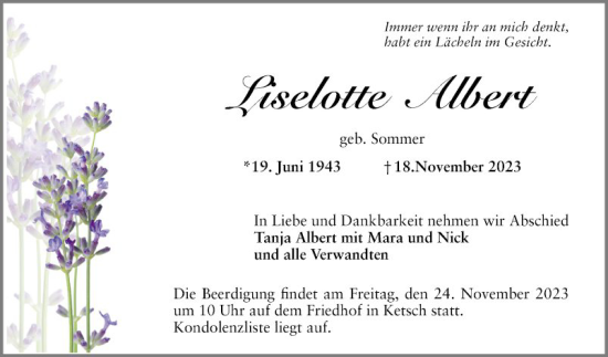 Traueranzeige von Lieselotte Albert von Schwetzinger Zeitung