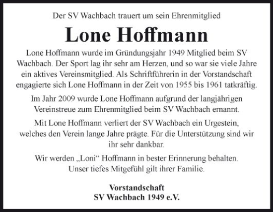 Traueranzeige von Lone Hoffmann von Fränkische Nachrichten