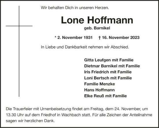 Traueranzeige von Lone Hoffmann von Fränkische Nachrichten