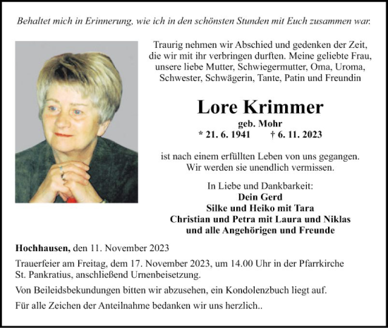 Traueranzeige von Lore Krimmer von Fränkische Nachrichten