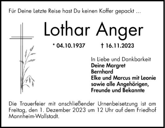 Traueranzeige von Lothar Anger von Mannheimer Morgen