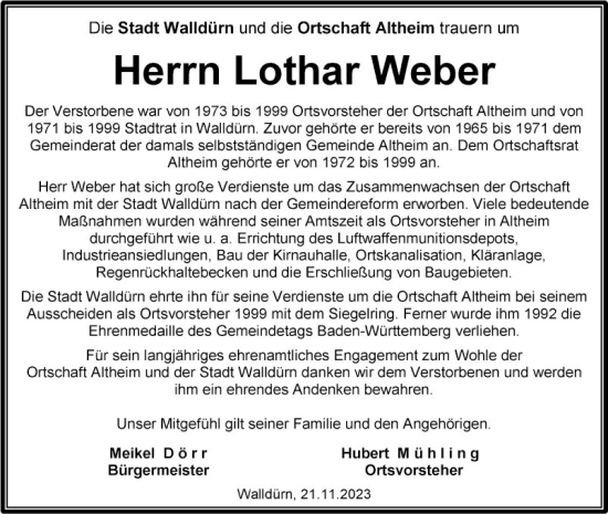 Traueranzeige von Lothar Weber von Fränkische Nachrichten