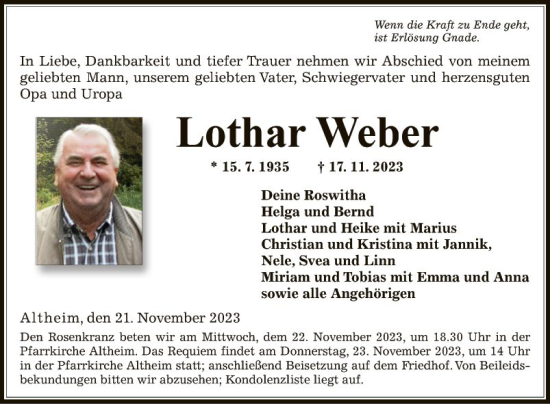 Traueranzeige von Lothar Weber von Fränkische Nachrichten