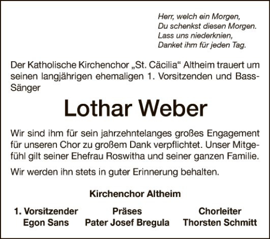 Traueranzeige von Lothar Weber von Fränkische Nachrichten