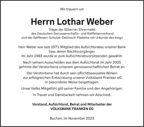 Traueranzeige von Lothar Weber von Fränkische Nachrichten