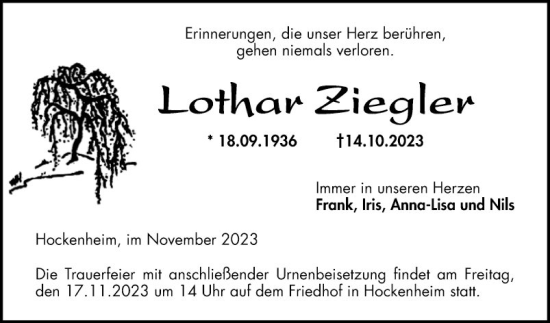 Traueranzeige von Lothar Ziegler von Schwetzinger Zeitung