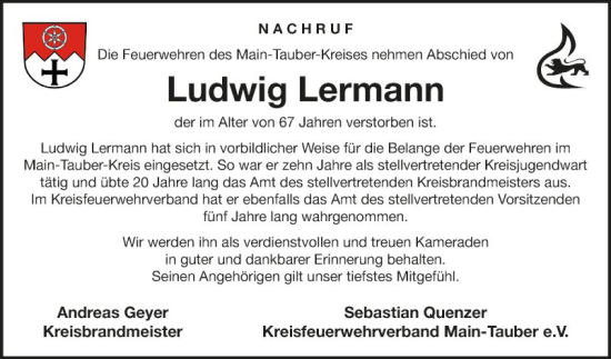 Traueranzeige von Ludwig Lermann von Fränkische Nachrichten