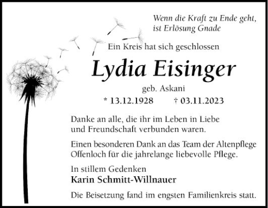 Traueranzeige von Lydia Eisinger von Schwetzinger Zeitung