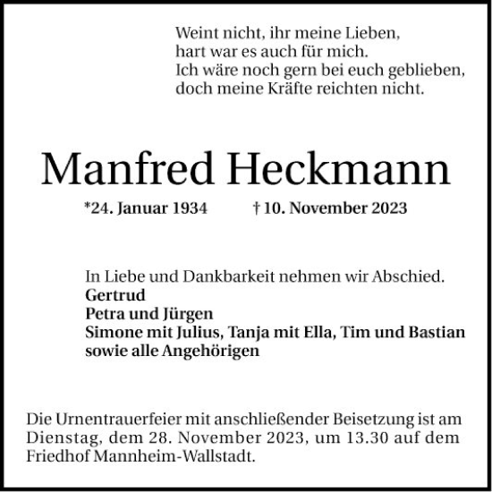 Traueranzeige von Manfred Heckmann von Mannheimer Morgen