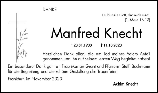 Traueranzeige von Manfred Knecht von Bergsträßer Anzeiger