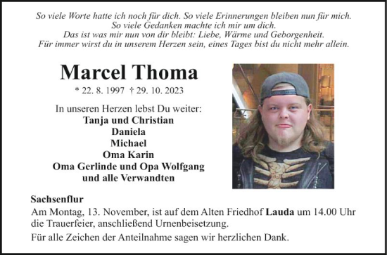 Traueranzeige von Marcel Thoma von Fränkische Nachrichten