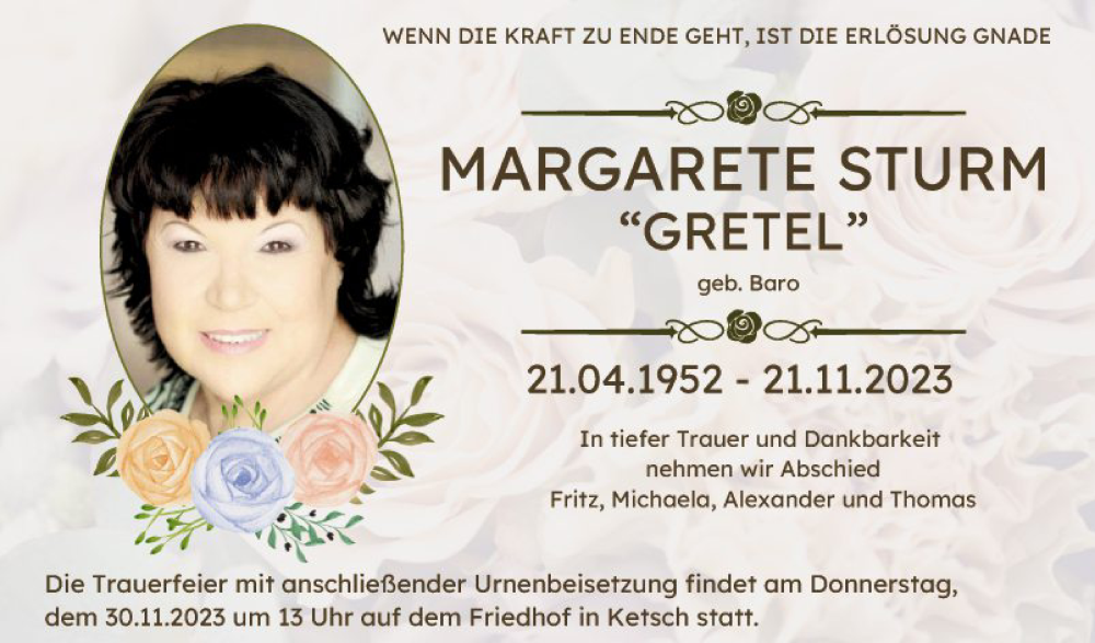  Traueranzeige für Margarete Sturm vom 25.11.2023 aus Schwetzinger Zeitung