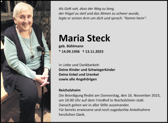 Traueranzeige von Maria Steck von Fränkische Nachrichten