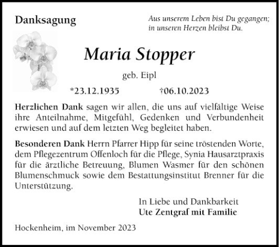 Traueranzeige von Maria Stopper von Schwetzinger Zeitung