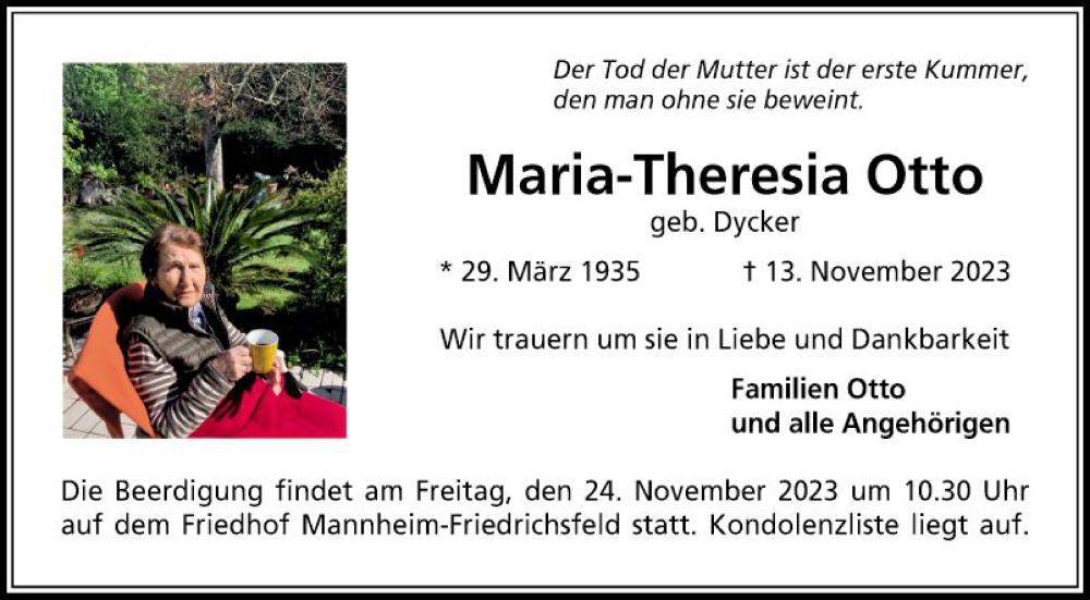  Traueranzeige für Maria-Theresia Otto vom 18.11.2023 aus Mannheimer Morgen