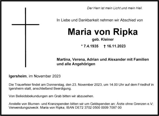 Traueranzeige von Maria von Ripka von Fränkische Nachrichten