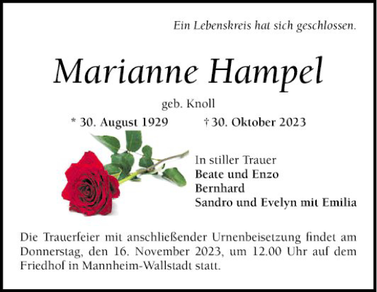 Traueranzeige von Marianne Hampel von Mannheimer Morgen