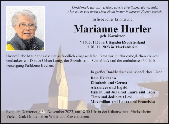 Traueranzeige von Marianne Hurler von Fränkische Nachrichten