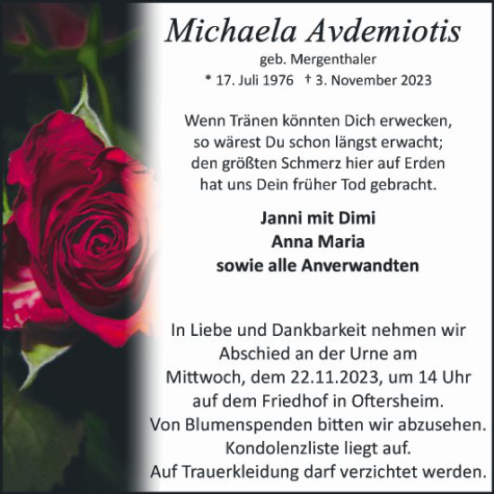 Traueranzeige von Michaela Avdemiotis von Schwetzinger Zeitung