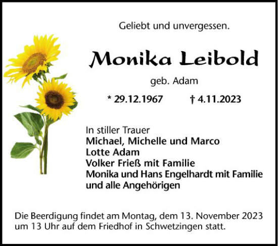 Traueranzeige von Monika Leibold von Schwetzinger Zeitung