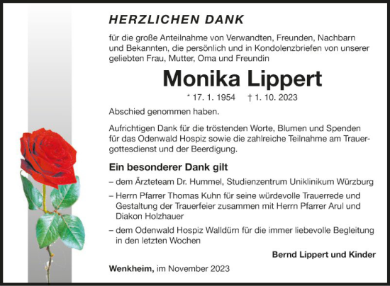 Traueranzeige von Monika Lippert von Fränkische Nachrichten