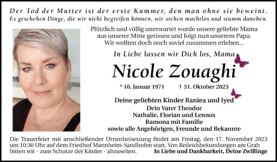 Traueranzeige von Nicole Zouaghi von Mannheimer Morgen