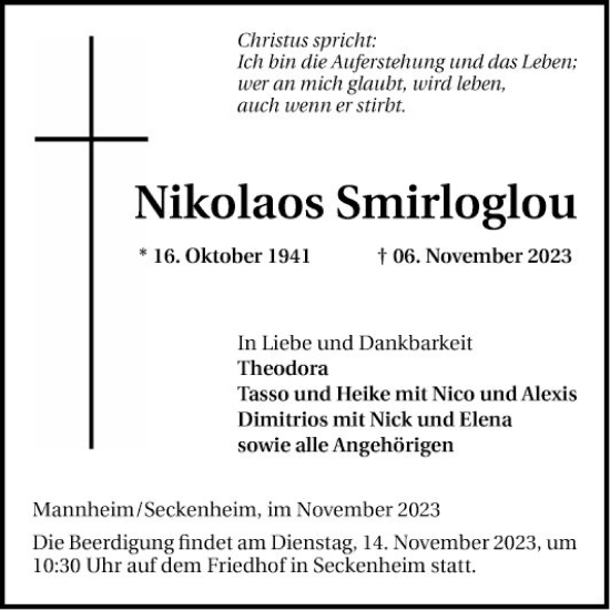 Traueranzeige von Nikolaos Smirloglou von Mannheimer Morgen