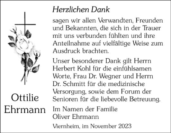 Traueranzeige von Ottilie Ehrmann von Mannheimer Morgen