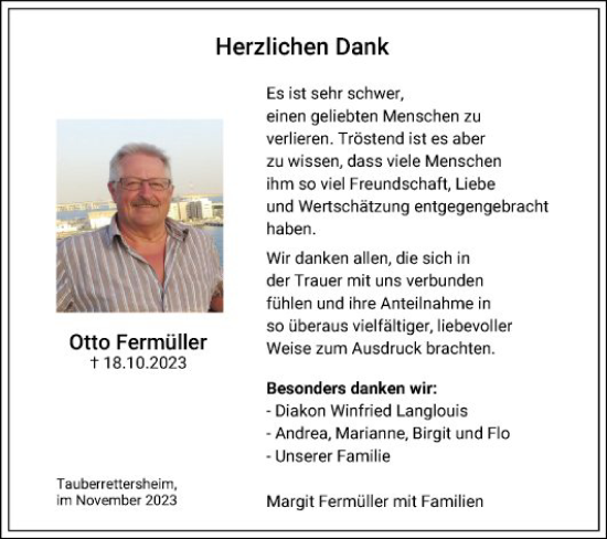 Traueranzeige von Otto Fermüller von Fränkische Nachrichten