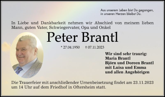 Traueranzeige von Peter Brantl von Schwetzinger Zeitung