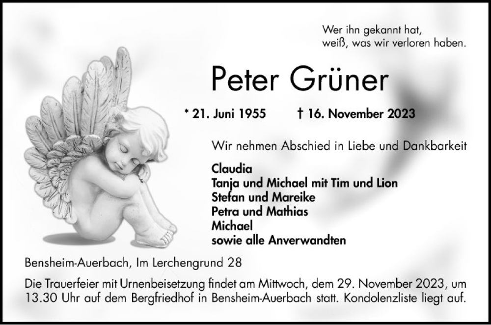  Traueranzeige für Peter Grüner vom 25.11.2023 aus Bergsträßer Anzeiger