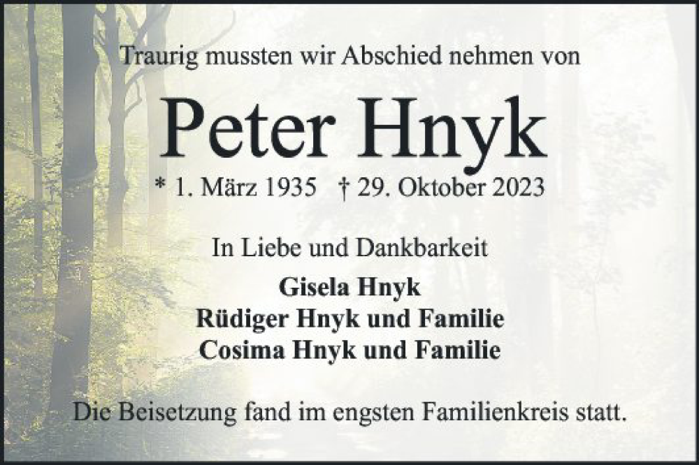  Traueranzeige für Peter Hnyk vom 25.11.2023 aus Mannheimer Morgen