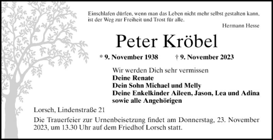 Traueranzeige von Peter Kröbel von Bergsträßer Anzeiger