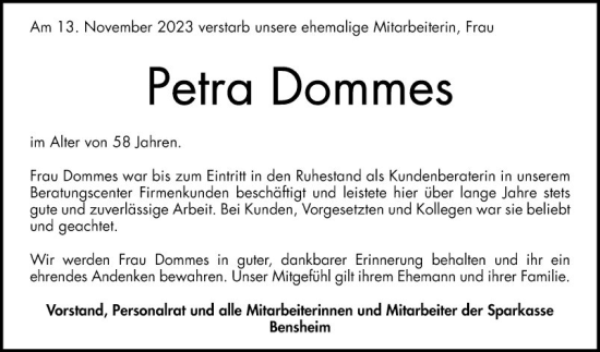 Traueranzeige von Petra Dommes von Bergsträßer Anzeiger