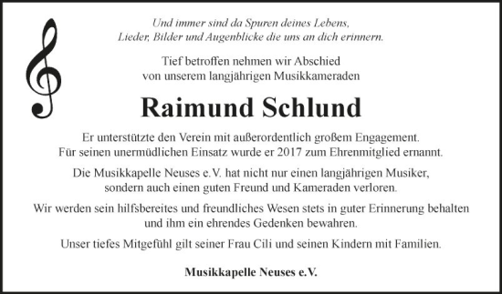 Traueranzeige von Raimund Schlund von Fränkische Nachrichten