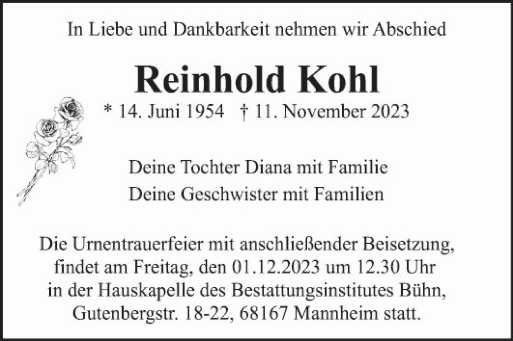  Traueranzeige für Reinhold Kohl vom 25.11.2023 aus Mannheimer Morgen