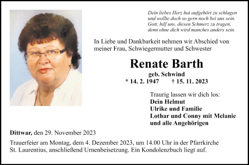  Traueranzeige für Renate Barth vom 29.11.2023 aus Fränkische Nachrichten