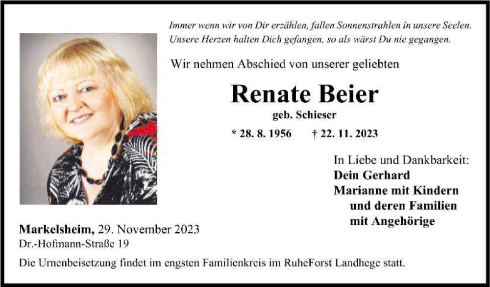  Traueranzeige für Renate Beier vom 29.11.2023 aus Fränkische Nachrichten
