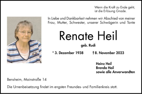 Traueranzeige von Renate Heil von Bergsträßer Anzeiger