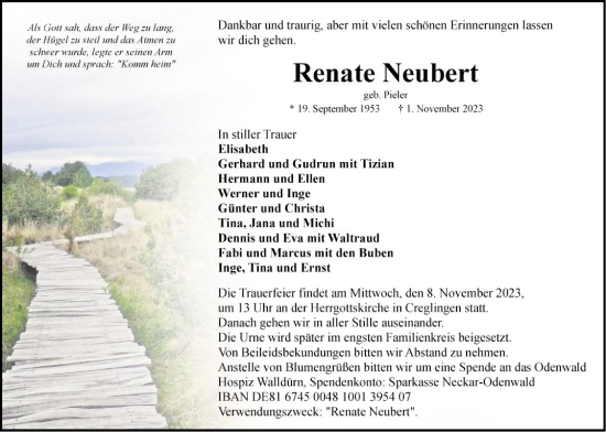 Traueranzeige von Renate Neubert von Fränkische Nachrichten