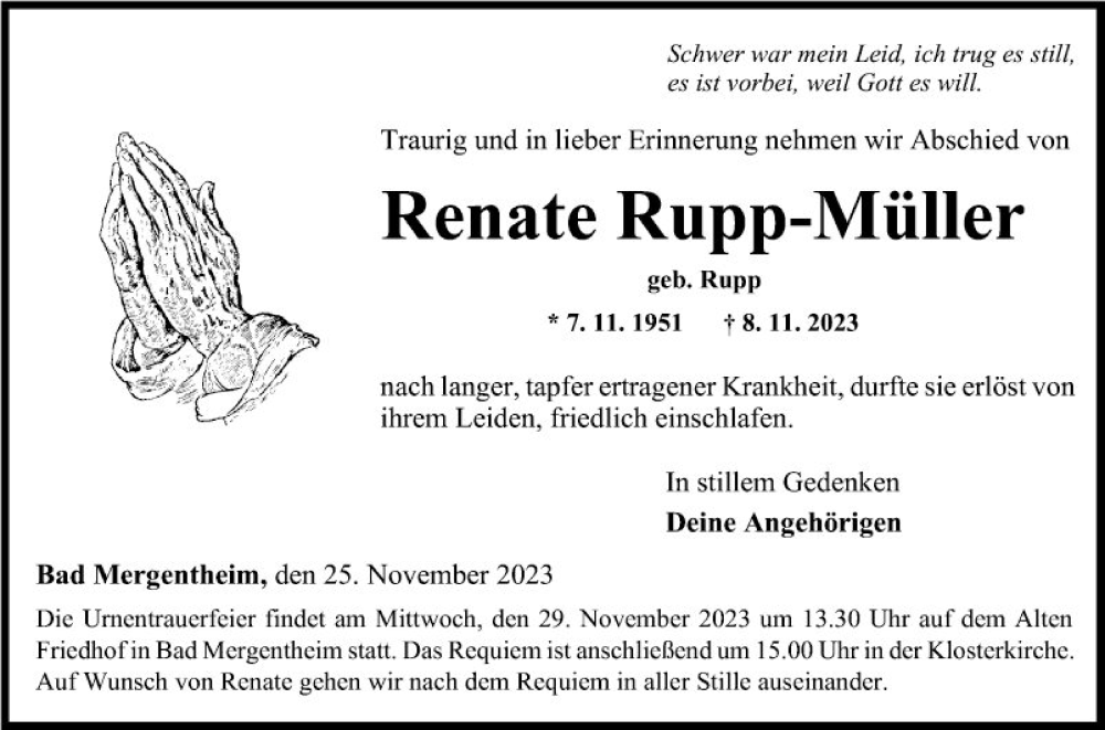  Traueranzeige für Renate Rupp-Müller vom 25.11.2023 aus Fränkische Nachrichten