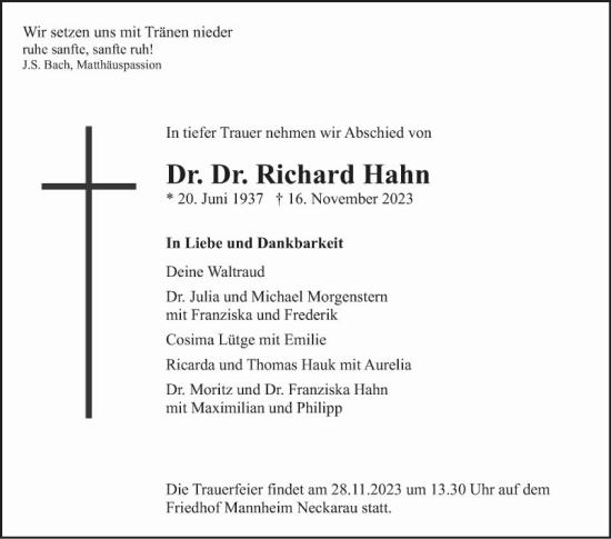 Traueranzeige von Richard Hahn von Mannheimer Morgen