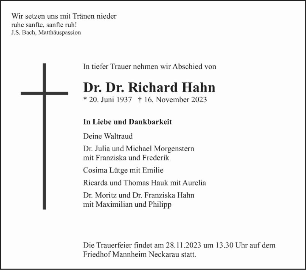 Traueranzeige für Richard Hahn vom 18.11.2023 aus Mannheimer Morgen