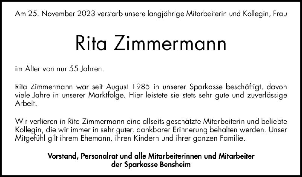  Traueranzeige für Rita Zimmermann vom 30.11.2023 aus Bergsträßer Anzeiger