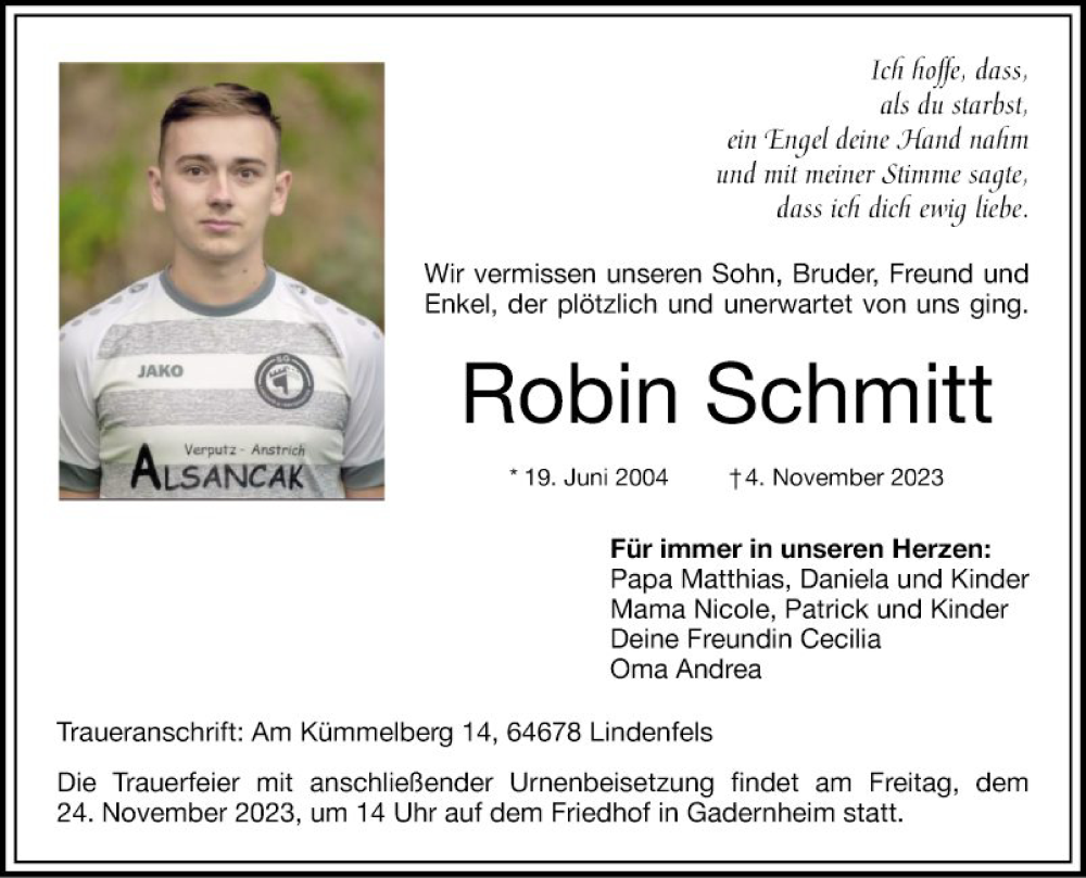  Traueranzeige für Robin Schmitt vom 18.11.2023 aus Bergsträßer Anzeiger