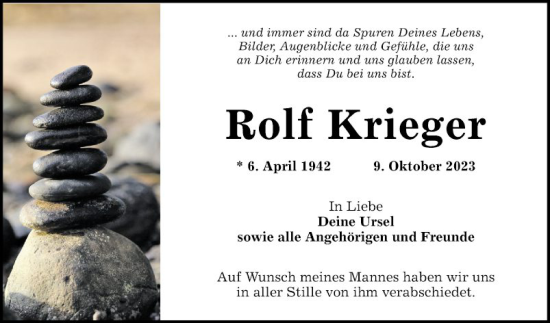 Traueranzeige von Rolf Krieger von Schwetzinger Zeitung