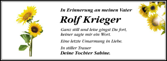 Traueranzeige von Rolf Krieger von Schwetzinger Zeitung