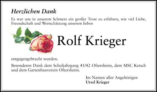 Traueranzeige von Rolf Krieger von Schwetzinger Zeitung